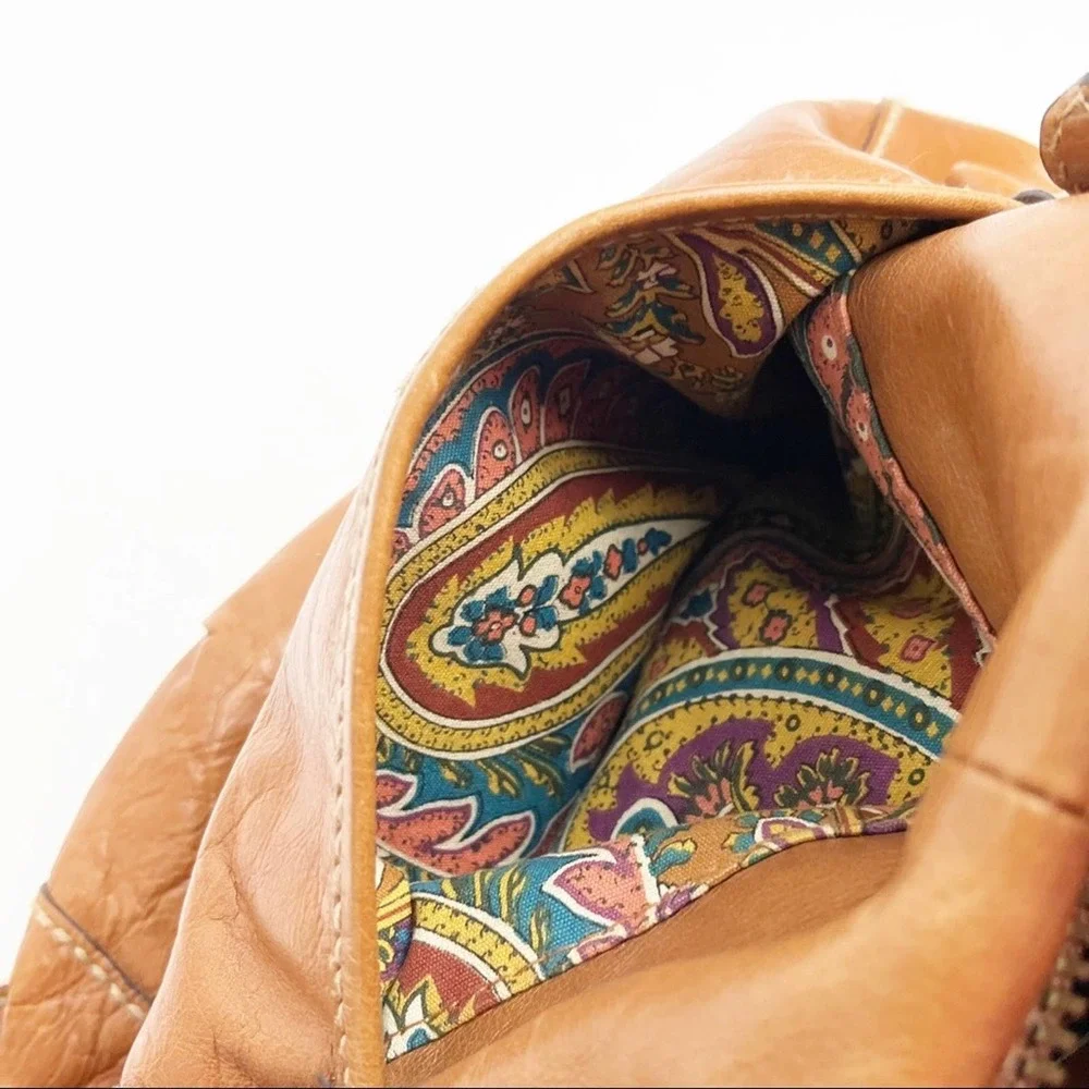 FOSSIL Brown Leather Stitched Adjustable Strap Paisley Lined Shoulder Bag Boho
